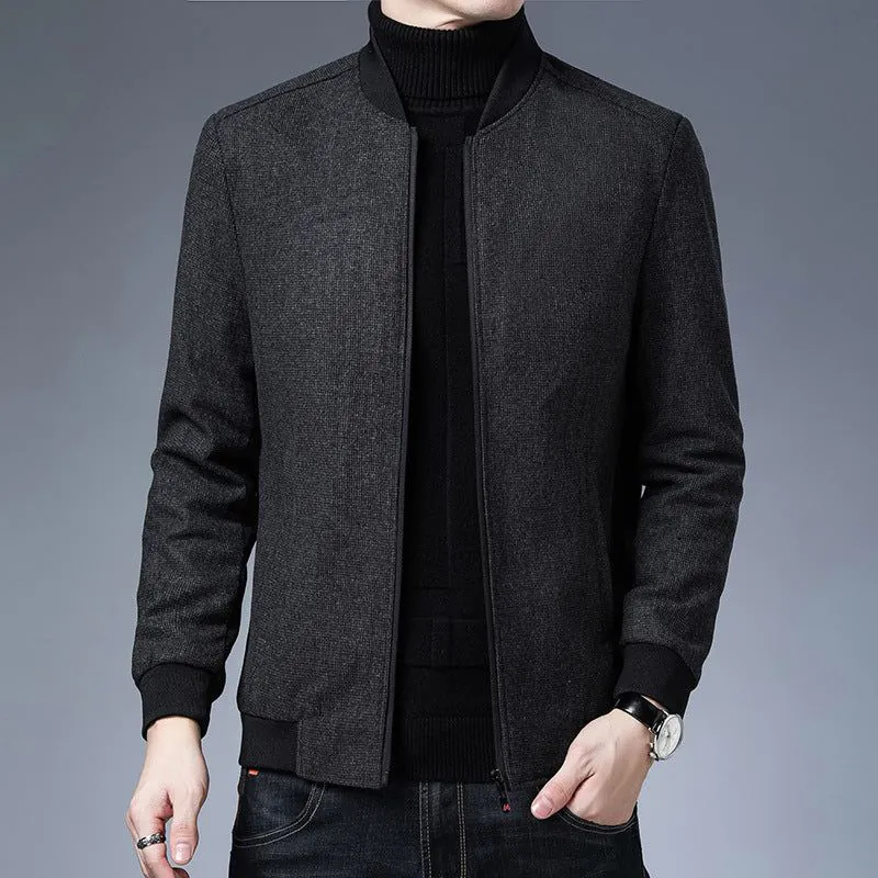 image-Navy Blue Slim Jacket Stand Collar Men's Raglan Sleeves