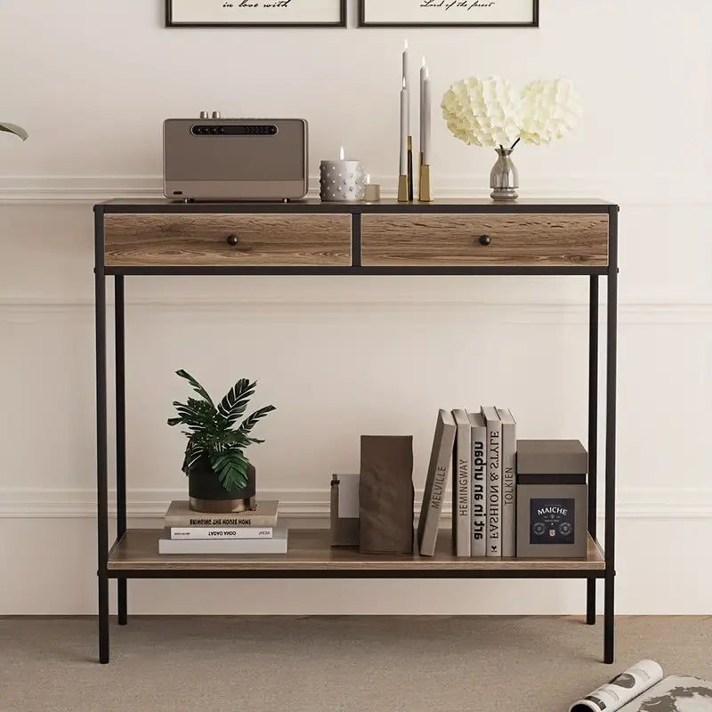 image-Brown Rectangular Sofa Table - 2 Drawers and Shelf Metal Base