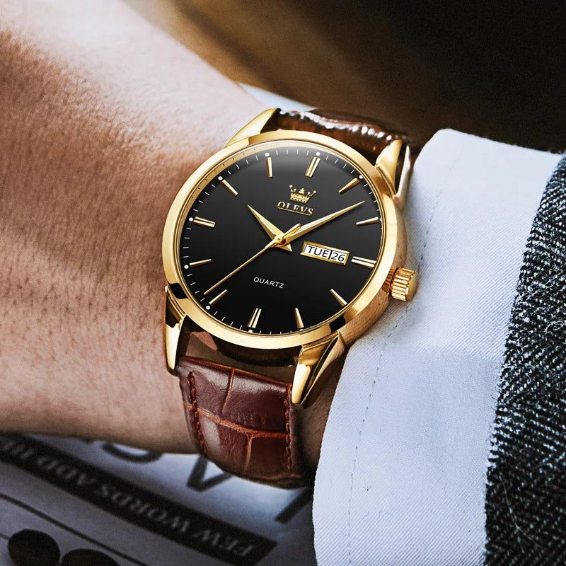 image-OLEVS Classic Quartz Watch - Leather Strap, 3ATM Water Resistant, 40mm Alloy Case 
