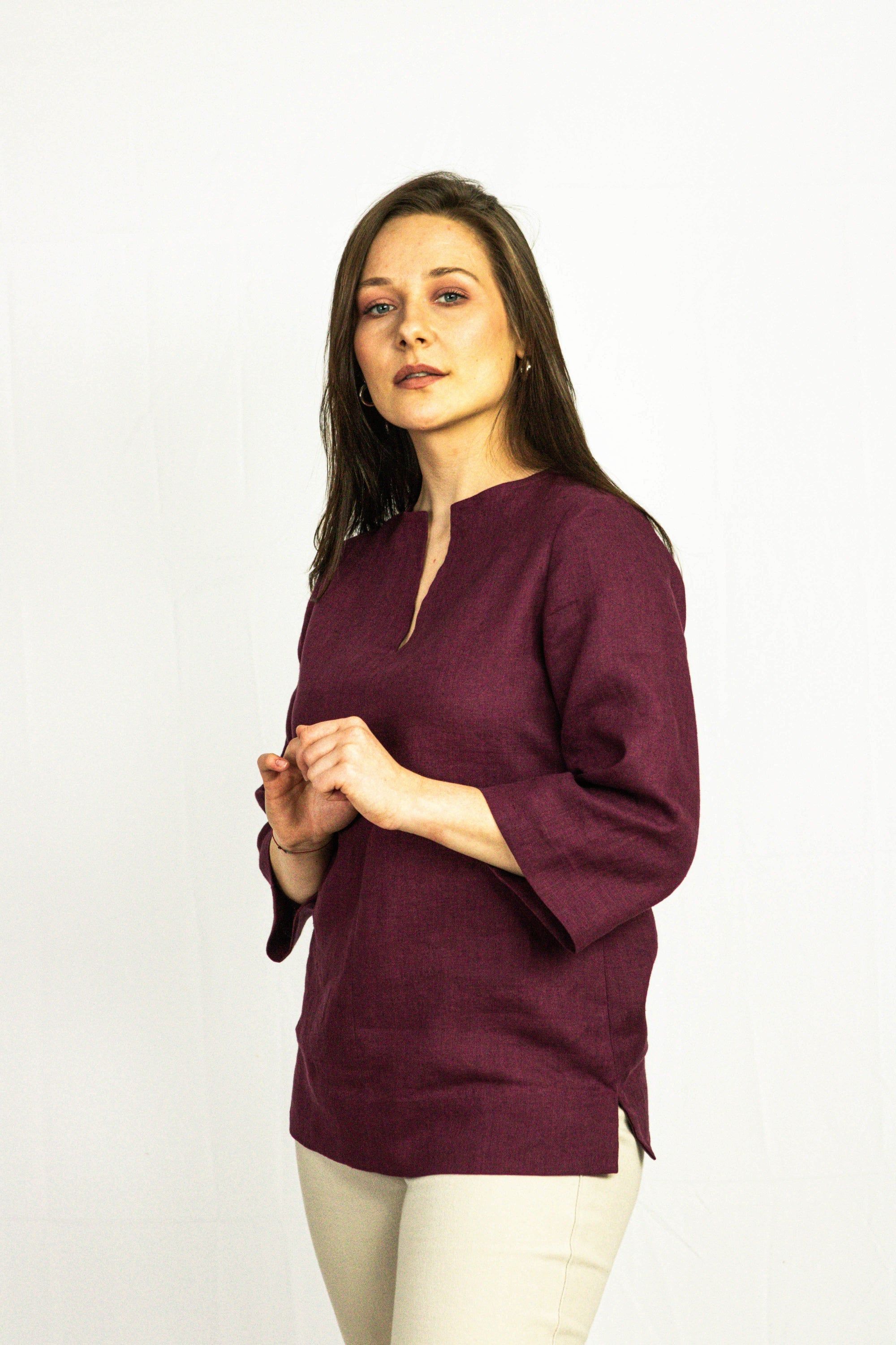 image-Dark Plum 100% Linen Oversize Top - Handmade European Linen