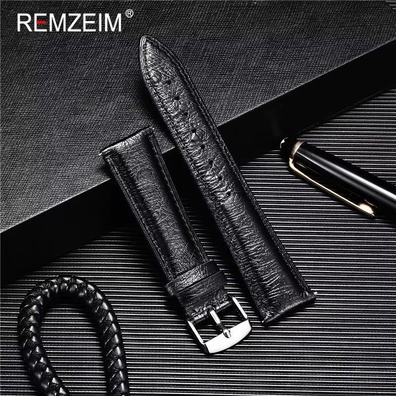 image-Remzeim Ostrich Pattern Leather Watch Band - Quick Release Silver Buckle