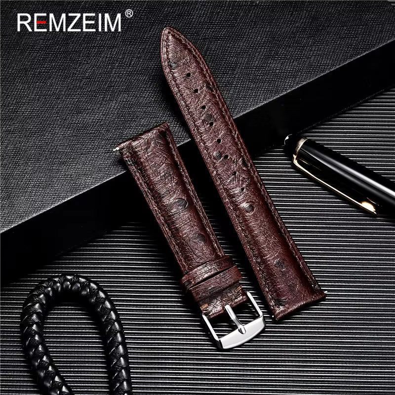 image-Remzeim Ostrich Pattern Leather Watch Band - Quick Release Silver Buckle