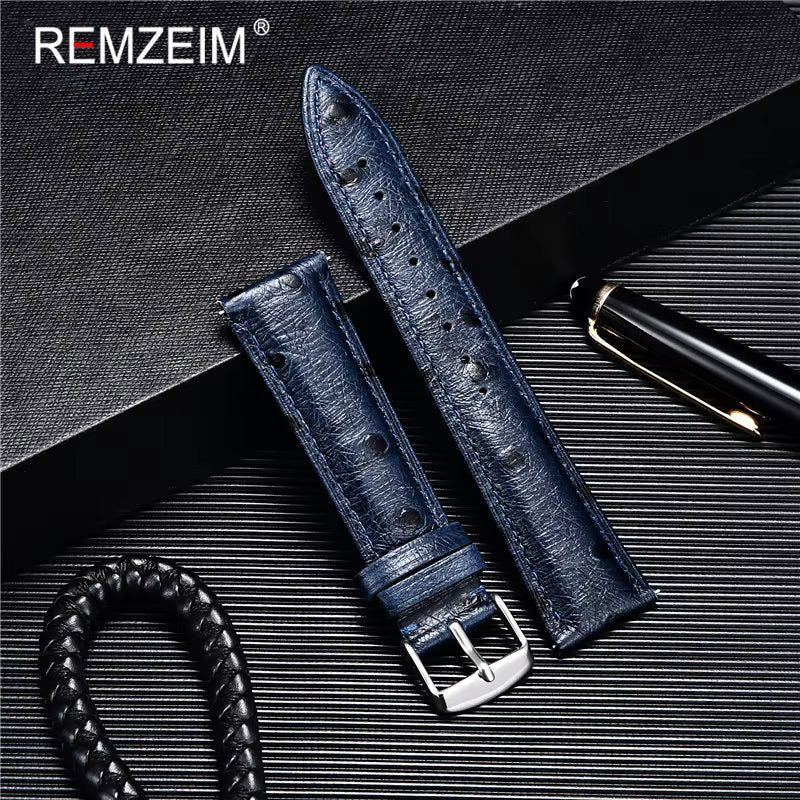 image-Remzeim Ostrich Pattern Leather Watch Band - Quick Release Silver Buckle