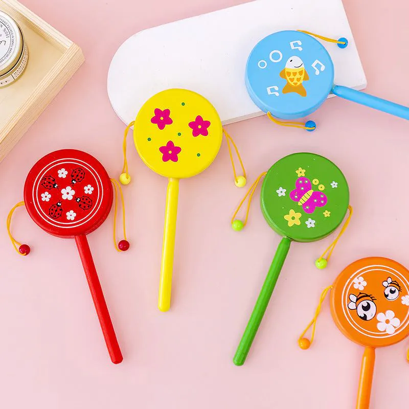 Wooden Cartoon Hand Pulling Drum Educational Toy - 19x7.5cm