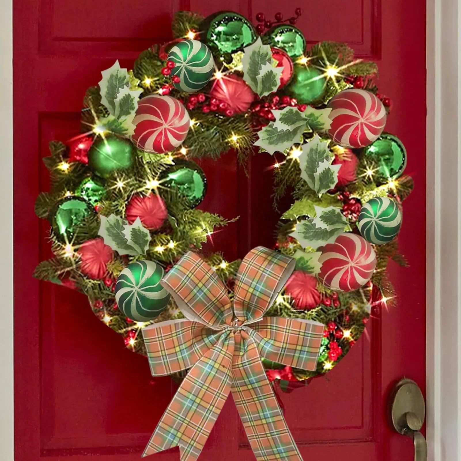 image-NNEOBA Christmas Vine Wreath with Red Bow and Bells - 35cm